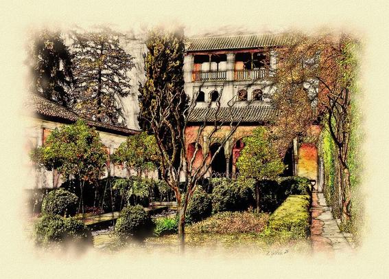 Bearbeites Foto das nun aussieht wie eine Zeichnung: Ein Garten mit einem Bewässerungskanal, umgeben von Grün un Orangenbäumen, dahiner ein Gebäude mit Säulen und Rundbögen in drei Etagen.

Edited photo that now looks like a drawing: a garden with an irrigation canal, surrounded by greenery and orange trees, behind it a building with columns and round arches in three storeys.