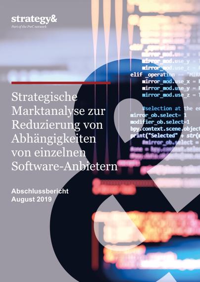 The image features a report cover titled "Strategische Marktanalyse zur Reduzierung von Abhängigkeiten von einzelnen Software-Anbietern" with a subtitle indicating it is a final report from August 2019. The background displays blurred coding or software-related text