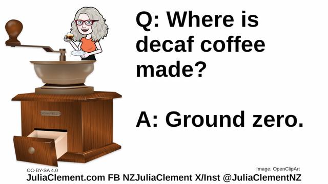 Julia looks over an old fashioned manual coffee mill. Text: Q: Where is decaf coffee made? A: Ground zero.