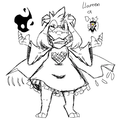 Ralsei from Deltarune, uuuh the text is in spanish, it says "Llamen a Dios" wich means "Call God" with a Spamton sprite in parenthesis bc he's cool and I think God looks like him (real)