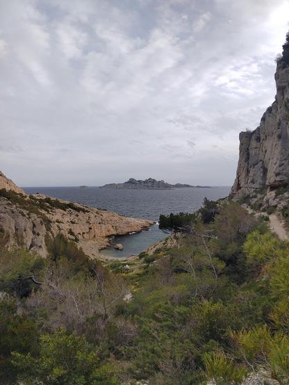 Descente (vue vers le sud) sur la calanque de Podestat, visible au centre de la photo, très mignonne, entourée de falaises bien verticale sur la droite, une petite plage de sable, et une étendu d'herbe. 

En premier plan on voit la végétation bien présente de ce printemps.

Et en arrière plan, dans l'étendue de la mer, les îles plane et de Riou.

Le ciel est voilée, avec quelques nuages blancs.
