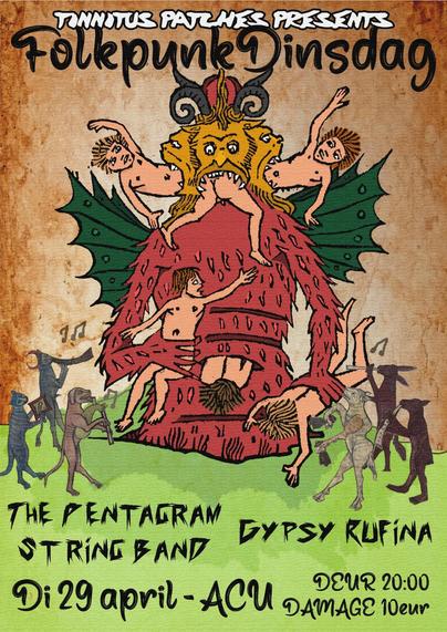 Poster design with a giant devil, surrounded by animals playing musical instruments.