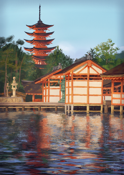 A digital painting of a Japanese temple in a bay. Red and white wooden buildings connected by walkways sit on stilts in the water, reflecting all their bright colours in busy, painterly ripples. A tall red pagoda rises up from the midst of trees in the background, the whole scene lit by a gentle, warm evening light.
