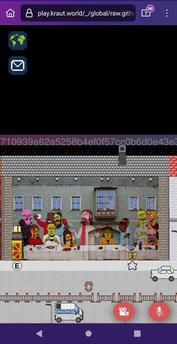 Screenshot der Krautworld. Ein virtueller Avatar steht vor einer Pixelversion des Eigenbaukombinat in Halle. Auf der Fassade ist eine großer Tisch mit Speisen und Getränken abgebildet. Dahinter Menschen mit Smartphones, im Zentrum steht ein Mensch mit weißem Gewand und hält eine Rede. Der Eindruck entsteht: Keiner hört zu.