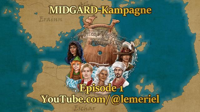 Das Bild zeigt einen Kartenausschnitt der Welt Midgard vom Rollenspielsystem MIDGARD. Es sind die Länder Alba, Erainn, Eschar, Chryseia, Küstenstaaten und Valian zu sehen. In der Mitte befindet sich das Logo der Kampagne „Wüsten, Wogen, Weltenklänge“. Es zeigt eine hölzerne Lyra-Harfe deren Tonkörper von Schnitzereien aus Wellen und Sanddünen verziert wird. Die Griffe der Harfe laufen oben in den Kopf eines Kamels und eines Segelschiffs aus. Bei den Saiten prangt der Name der Kampagne und Sand weht durch die Seiten, welcher langsam in Wasser übergeht.

Im Halbrund sind die Köpfe der sechs Spielfiguren dargestellt. Von links nach rechts sind dies: Die scharidische Ad’ifaah mit ihrem dunkelblauen Kopftuch, die Berggnomin Mira mit ihren roten Haaren und der grünen Lederkappe, der blonde Laran-Priester Auro in seinem roten Wappenrock, der weißhaarige Barde Izavel in seiner Toga, der Scharide Nuri mit seinem Turban und der braunhaarige Paolo, welcher einen braunen Hut mit hellbrauner Hutkrempe und einem roten Hutband samt zwei weißen Federn trägt. 

Oberhalb des Logos steht „MIDGARD-Kampagne“ und unterhalb „Episode 1“ und der YouTube-Link zum Kanal von Lemeriel.