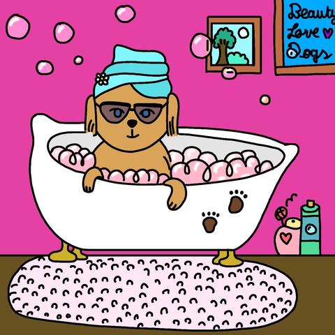 Das Bild zeigt eine cartoonartige Darstellung eines Hundes, der in einem weißen Badewannenbad sitzt, gefüllt mit rosa Schaum und Schaumblasen. Der Hund trägt eine blaue Handtuchmähne mit einer Blume und eine Sonnenbrille, was ihm ein entspanntes und cool aussehendes Aussehen verleiht. Die Badewanne hat zwei Pfotenabdrücke auf der Seite. Der Hintergrund ist in einem leuchtenden Pink gehalten und zeigt ein Bild mit einem Baum und einen Schild mit der Aufschrift "Beauty love Dogs". Auf dem Boden vor der Badewanne liegt ein rosa Teppich. Neben der Badewanne stehen zwei Flaschen mit Haushaltsprodukten, wie Parfüm und Shampoo.