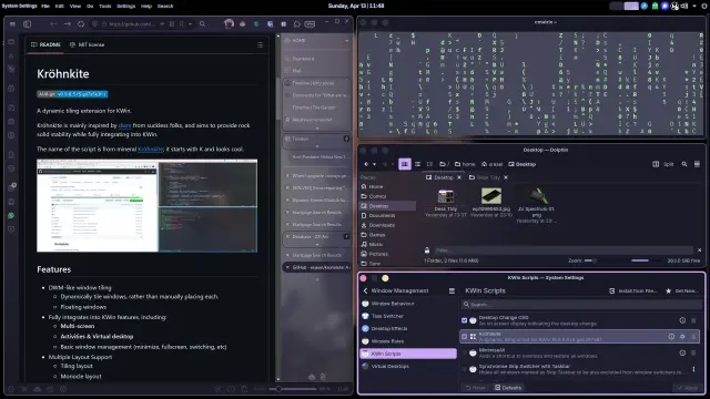 A screenshot of my desktop with Tiled windows. There are four windows open. Left half has my browser. The right half has three equally sized windows stacked neatly in a column: the terminal, Alacritty, Dolphin, the file manager, is in the middle. And Bottom is KDE Settings open at KWIN Scripts showing Krohnkite installed.