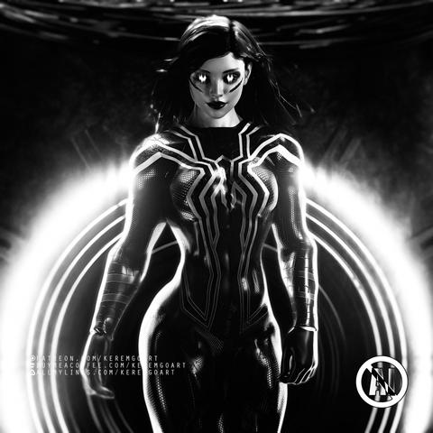 digital art portrait of a fit and strong spidergirl in monochrome