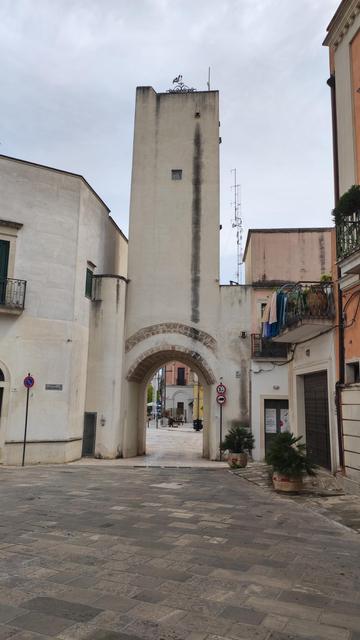 L'immagine mostra una strada pavimentata con un arco di passaggio in pietra al centro, che conduce a un'area più ampia. L'arco è parte di un edificio alto e slanciato, con una facciata bianca e segni di usura, che include una torre con un weathervane in cima. Ai lati dell'arco, ci sono edifici con balconi e finestre, alcuni dei quali hanno persiane verdi. Sul lato destro, un balcone con una ringhiera in ferro battuto ospita piante e abiti appesi. Il cielo è nuvoloso, e l'atmosfera è tranquilla. Segnali stradali indicano restrizioni di accesso, e piantani in vaso decorano la strada.