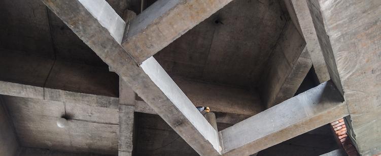An ultrawide photo of a lattice of concrete beams on the inside of a roof. There is a crow sitting on the concrete beam with a piece of roti in its mouth.