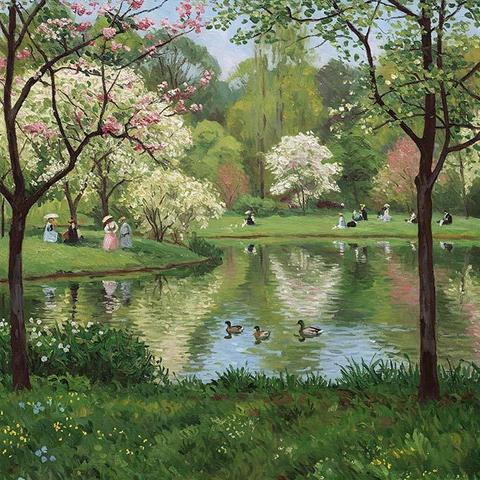 The peaceful park scene is alive with the enchanting sights and sounds of spring. Beautiful trees, adorned with fragrant blossoms of white and pink, create a picturesque canopy overhead, filtering gentle sunlight that dances upon the ground.