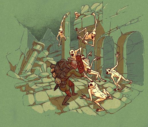 Illustration of a medieval warrior fighting a group of ghouls in some ruins