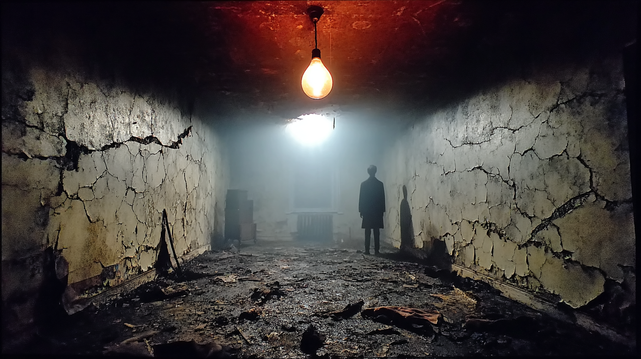 Chambre Pourrie.
Scène horrifique dans une pièce délabrée et fissurée, éclairée par une ampoule nue avec une silhouette en fond.
Horror scene in a cracked, decaying room lit by a bare bulb, with a lone silhouette in the distance.