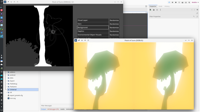 A computer desktop environment. One window does two bright images side by side of an orange background and glowing green mushroom. Behind that a window shows a pillar splitting a screen and some options on the right, including to randomize visual layer, eyes, background, haptics, and environmental object visuals. The edge of a file manager window peeks out of the lower left hand corner.