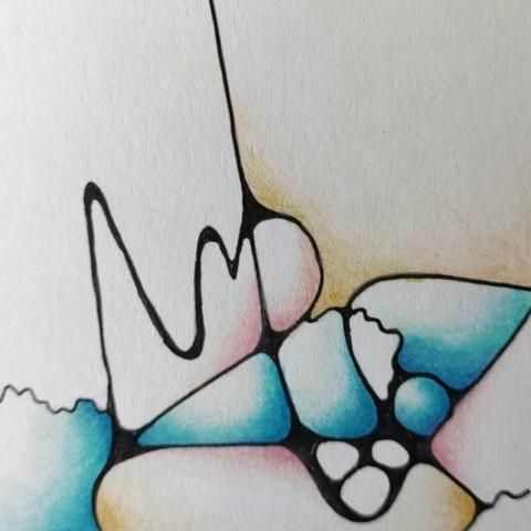 Abstrakte schwarze Linien, gefüllt mit zartem Farbverlauf. Viel kaltes Blau. Könnte eine Landschaft sein.