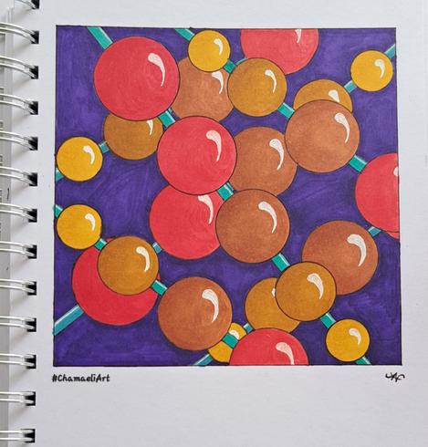 Im Skizzenbuch A5 mit schwarzem Fineliner, Alkcohol Marker und weißem Gelroller gemalt: In einem quadratischen Feld mit auberginefarbenem Hintergrund spannen sich diagonal mehrere türkisfarbene Stränge, auf denen unterschiedlich große, rote, terracottafarbene und gelbe Kugeln aufgereiht sind. Es sind zwei übereinander liegende Ebenen mit solchen Kugelsträngen zu erkennen. Mit weißem Gelroller wurden auf den Kugeln jeweils Lichtakzente gesetzt.