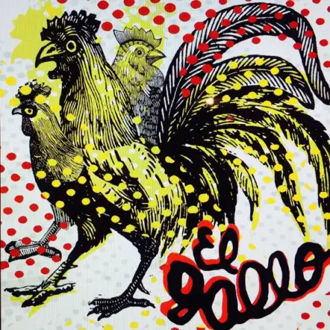 Bold, pop art-style illustration of three roosters with black linework, overlaid with red and yellow polka dots, and the hand-drawn text 'El Gallo' in red and black, evoking Latin street art and vintage print design.