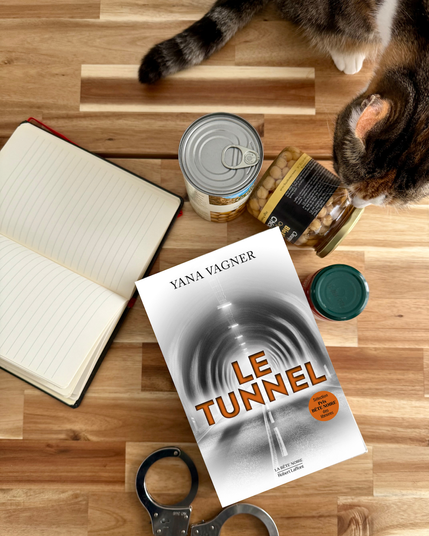 Livre posé près de menottes, d’un carnet vierge et des bocaux et conserves de nourriture ainsi que d’un chat qui vient renifler le tout. La couverture du Tunnel montre une photographie d’un tunnel routier vide.