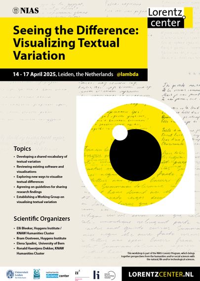 Poster for the Leiden Workshop "Seeing the Difference: Visualizing Textual Variation", 14.–18.04.2025, available with more information and as screen-reader-friendly PDF at https://www.lorentzcenter.nl/seeing-the-difference-visualizing-textual-variation.html