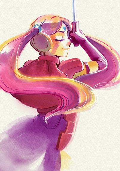 A digital watercolour illustration in an anime inspired style. A woman wearing pink and purple armour with pink pigtails is apparently mid-spin with a delicate rapier-like weapon pointed up.