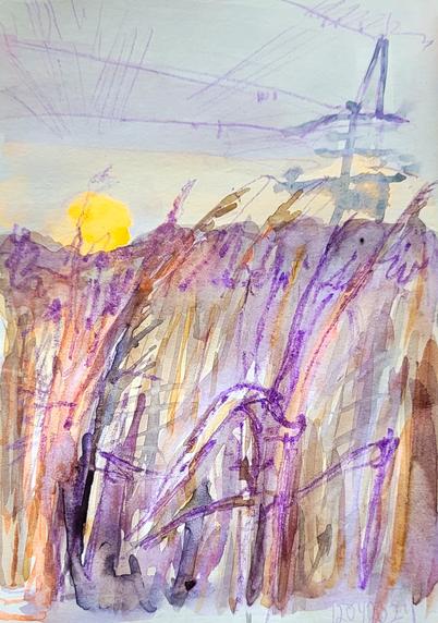 Aquarellskizze: Blick über ein kleines Schilfgebiet, rechts dahinter ein Hochspannungsmast,  links geht gerade die Sonne als orange Kugel auf