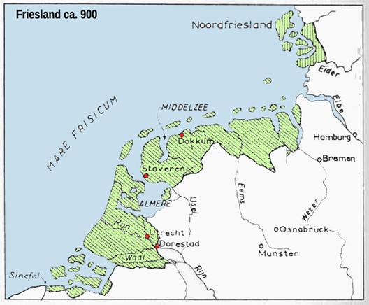 Map showing approx. Frisian territory around the 9th century.

Karte, die in etwa das friesische Gebiet im 9. Jahrhundert darstellt.

Kaart die zo ongeveer het Friese gebied rond de 9e eeuw weergeeft.