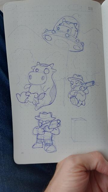 Ballpoint pencil sketch of a cow flying an UFO abducting another cow while farmers carry shotguns.