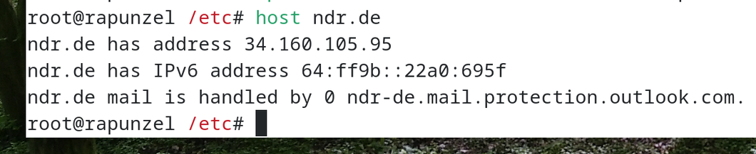 Bildschirmfoto eines Terminal- Fensters in Linux
Input: "host ndr.de"
Output: "ndr.de has address 34.160.105.95
ndr.de has IPv6 address 64:ff9b::22a0:695f
ndr.de mail is handled by 0 ndr-de.mail.protection.outlook.com."