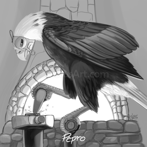 A black and white sketch of an adult bald eagle, perched before a stone hearth, pounding on a piece of metal on an anvil using a tapered hammer in his foot.