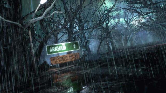Rainy, dark scene at Arkham Asylum with a green "ARKHAM" sign and an orange warning about escaping patients.