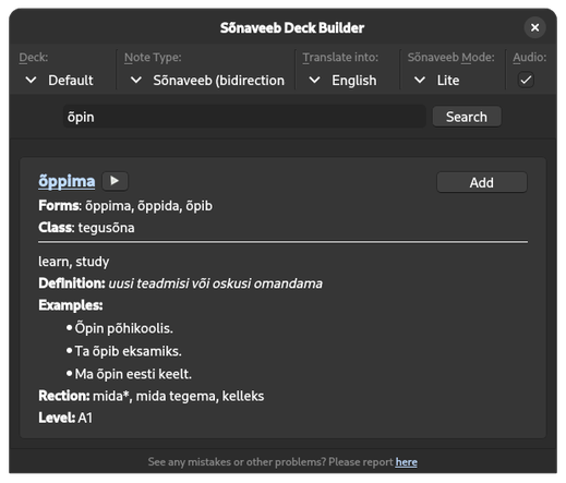 Screenshot of new version of Sõnaveeb Anki addon's main window.