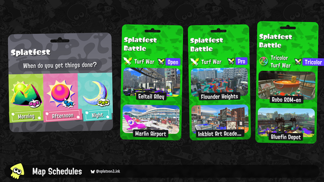 Splatoon 3 map rotation:

Splatfest Battle (Open): Turf War on Eeltail Alley and Marlin Airport
Splatfest Battle (Pro): Turf War on Flounder Heights and Inkblot Art Academy
