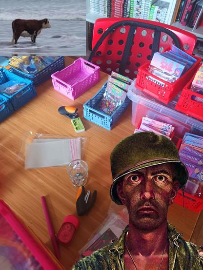 Photos of my table with merch in boxes getting labeled