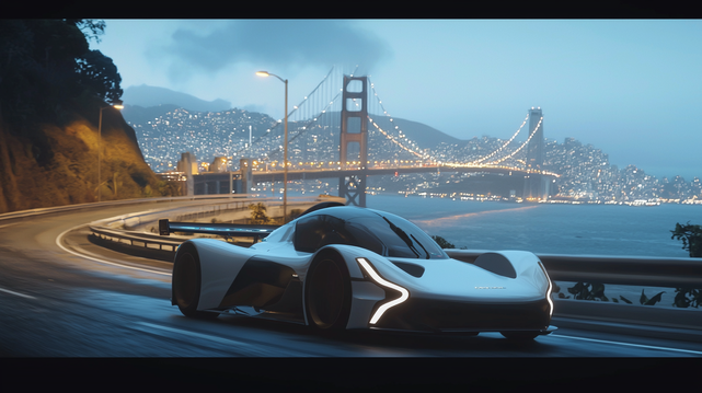 Vitesse Urbaine.
Illustration futuriste d'une voiture de sport électrique filant sur une route côtière avec un pont illuminé en arrière-plan.
Futuristic illustration of an electric sports car speeding along a coastal road with a glowing bridge in the background.
