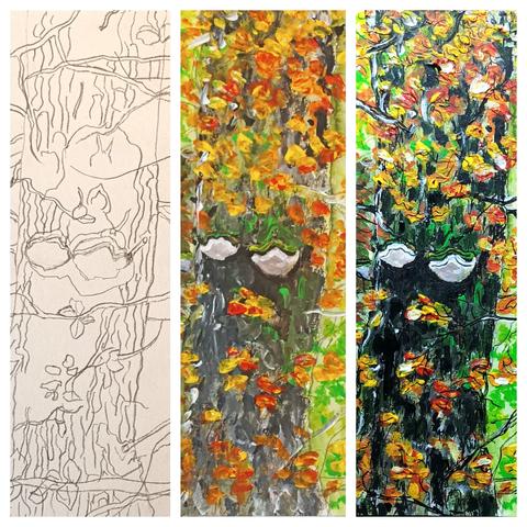 Die Entstehung eines Aquarells in drei Phasen von Skizze bis Fertigstellung. In bunten Farben ein Baumstamm mit zwei "Tellerpilzen" in einem Wald mit Herbstlaub.
