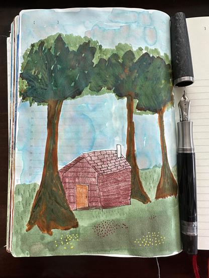 Sketch in sketchbook of a little hut used as outpost slightly hidden between trees