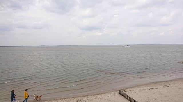 Der Strand von Dangast ist ein richtiger Sandstrand. Es ist Flut und das Wasser wird durch den Wind in Wellen geformt. Ein Boot im Hintergrund.