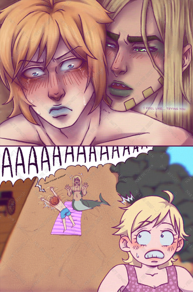 In the first panel, merman-Gyro brings his face way too close to Johnny's, and he whispers to him: "I feel like... trying you". Johnny, with signs on his face of having been crying before, looks very flustered.
In the second panel, Johnny throws his face on the sand and screams at Gyro, who pulls back with a guilty expression. Lucy is looking towards them, shocked.