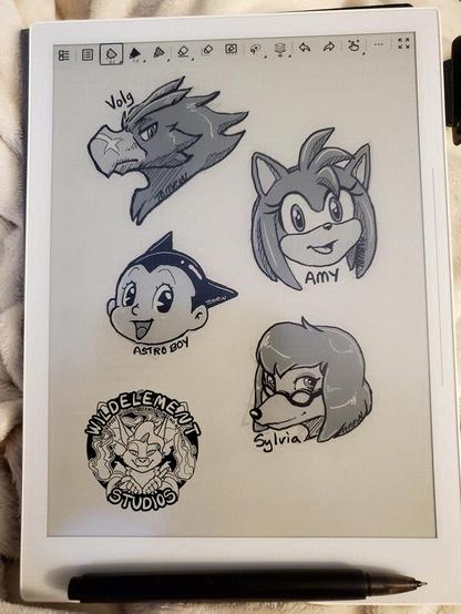 A photo of a supernote e-ink tablet that has various headshots on it. These were suggested by Members, who asked for Volg from Chocobo's Dungeon, Amy from Sonic the Hedgehog, Astroboy, and Sylvia from The Goofy Movie. They are in black, white, and a light and dark grey.