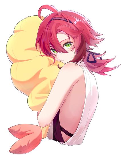 Anime boy hugging a plush toy