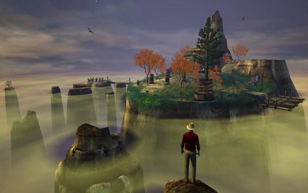 An small island perched in the clouds. There is a small hut behind a pine tree, four pillars, a small mountain with a waterfall on its side, and other small rocks piercing the clouds. A man wearing a red jacket and a hat is perched on one of this rocks, looking at the island.
The scene has a "Wanderer above the Sea of Fog" feeling to it.