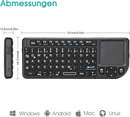 A Rii X1 Thumb keyboard, wgich is a shrunken-down 65% layout.woth a touchpad and mouse buttons  at the right side.