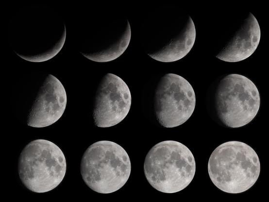Zeitserie des zunehmenden Mondes von der Sichel bis zum Vollmond während 12 aufeinanderfolgender Nächte