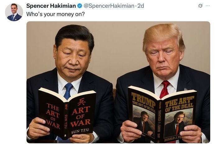 A tweet by Spencer Hakimian (@SpencerHakimian ) posted 2 days ago reads: "Who’s your money on?" The image below shows two individuals sitting side by side, each reading a book. The person on the left is holding "The Art of War" by Sun Tzu, and the person on the right is holding "The Art of the Deal" by Donald J. Trump.