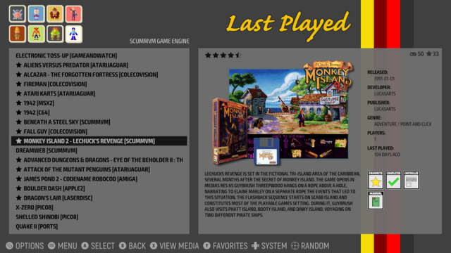 🕶️ A view of its UI with a theme displaying “Last Played” at the top, on the left a heterogeneous list of games (numerous game consoles, ScummVM games, a Pico8 game and a PC game), with the game Monkey Island 2 selected (ScummVM origin). On the right-hand side, a screenshot of the game, the media (box and floppy disk), a summary of the game and other informations (rating, available manual, controller support, ...). At the bottom are the interface menus (Options, Menu, Select, Back, View medi, Favorites, System, Random).

📚️ ES-DE Frontend is a libre, multiplatform interface for browsing and launching games from a multiplatform collection. Oriented towards ease of use, it is preconfigured for use with a wide range of emulators, game engines, game managers, game services or even locally installed games. In particular, it offers support for over 150 game systems, controller navigation, integrated information downloads (images, videos and game manuals), customization (numerous high-quality themes), all with optimized installation and configuration to have the system up and running in just a few minutes.