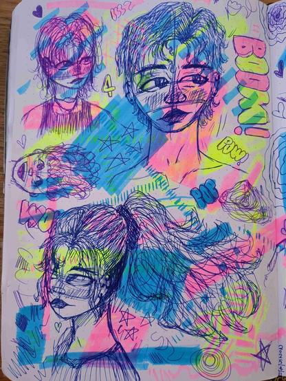 Ballpoint pen sketches of human faces, marker splotches in the background