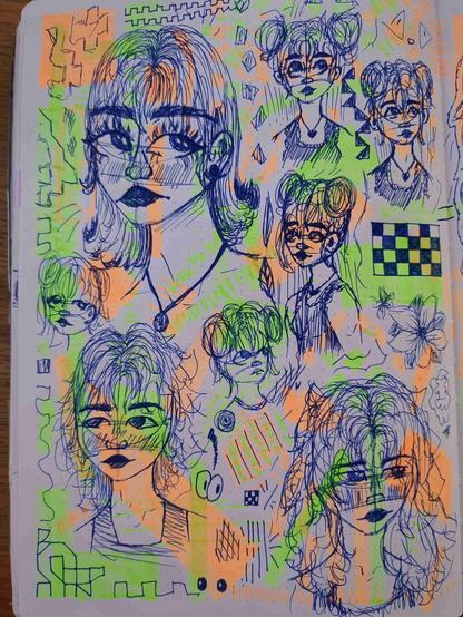 Ballpoint pen sketches of faces, neon highlighter splotches in background.