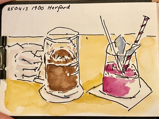 Aquarell over drawing of two Glasses with a brown beer and a pink Icetea.