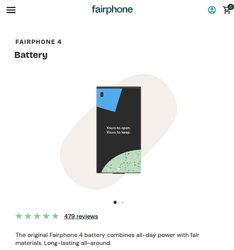 Screenshot of the Fairphone 4 battery in the online shop.