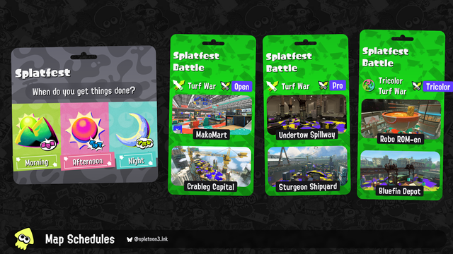 Splatoon 3 map rotation:

Splatfest Battle (Open): Turf War on MakoMart and Crableg Capital
Splatfest Battle (Pro): Turf War on Undertow Spillway and Sturgeon Shipyard